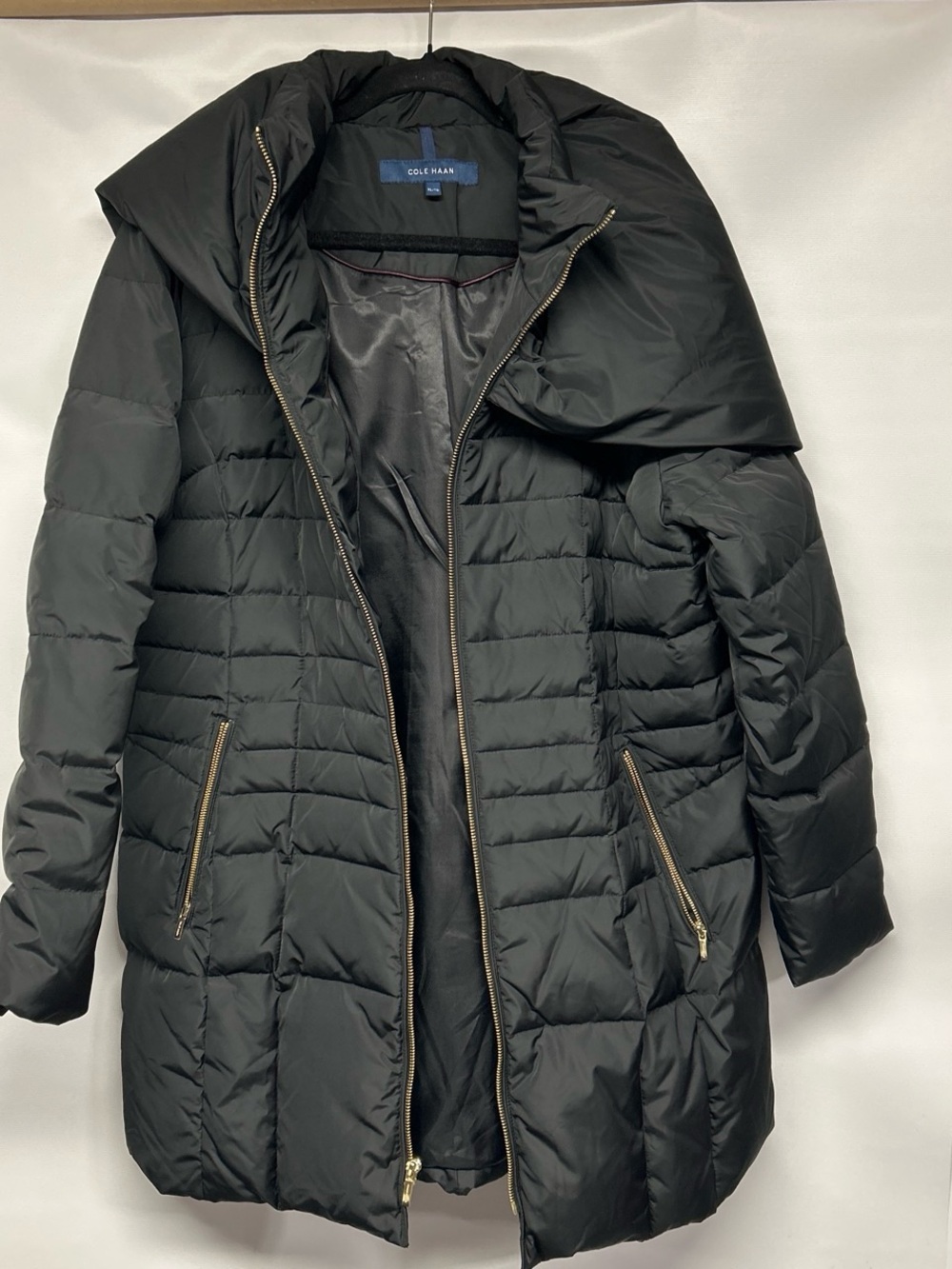 Cole Haan Black Quilted Long Puffer Coat with Gold Zippers